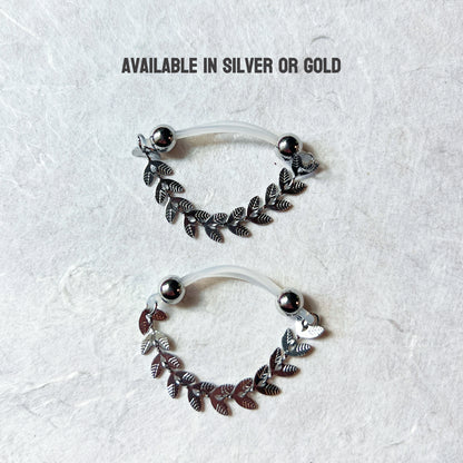 Fake Nipple Rings with Leaf Vine Chain - Barbell Fake Nipple Piercings / Nipple Jewelry