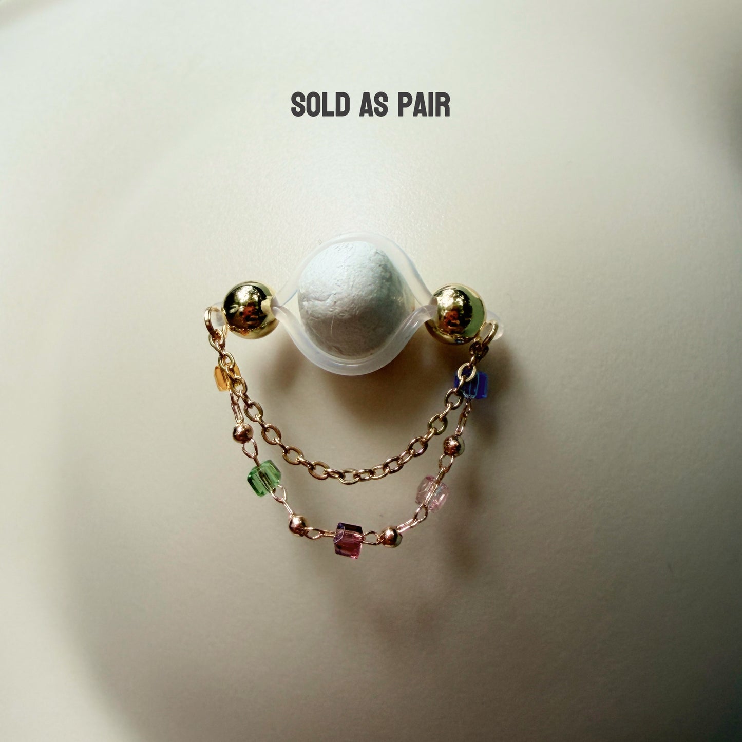 Golden Nipple Rings with Colorful Chain - Fake Nipple Piercings / Non Piercing Nipple Jewelry