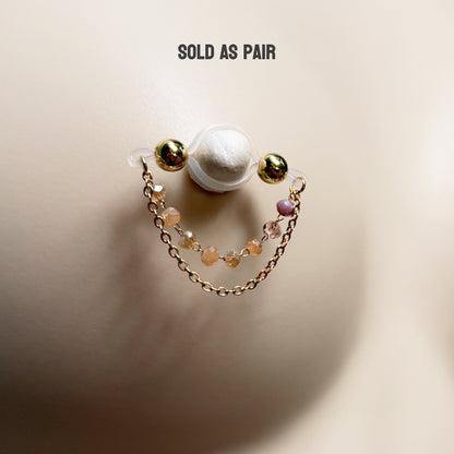 Luxury Golden Nipple Rings with Sparkly Chain - Fake Nipple Piercings / Non Piercing Nipple Jewelry