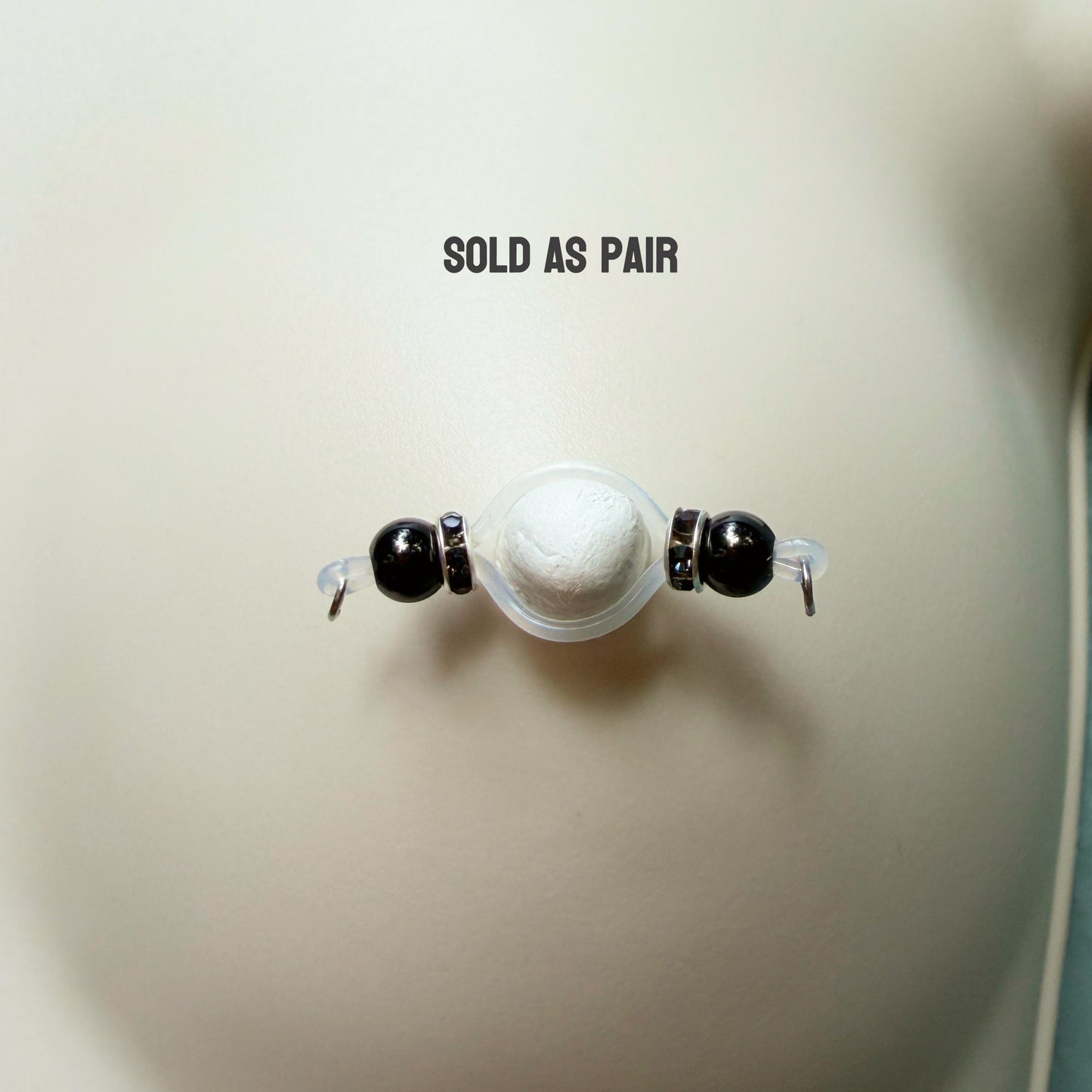 Barbell Nipple Rings with Black Beads and Roundel / Faux Nipple Piercing