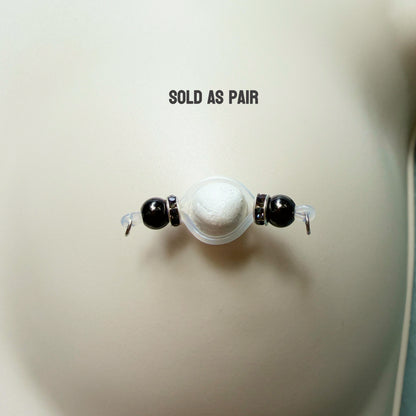 Barbell Nipple Rings with Black Beads and Roundel / Faux Nipple Piercing