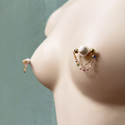 Golden Nipple Rings with Colorful Chain - Fake Nipple Piercings / Non Piercing Nipple Jewelry