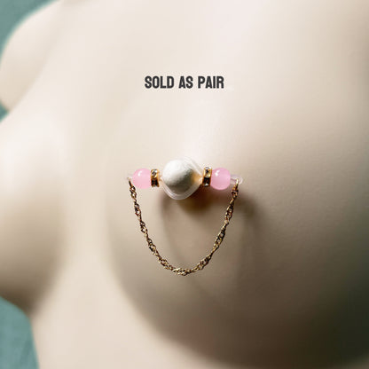 Barbell Nipple Rings with Custom Glass Beads and Twist Chain / Faux Nipple Piercing