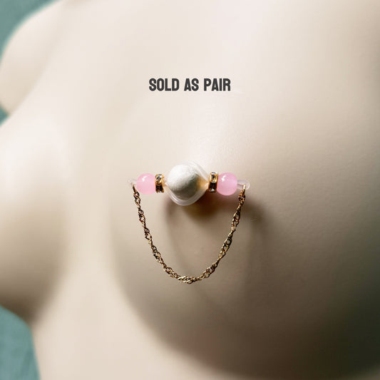 Barbell Nipple Rings with Custom Glass Beads and Twist Chain / Faux Nipple Piercing