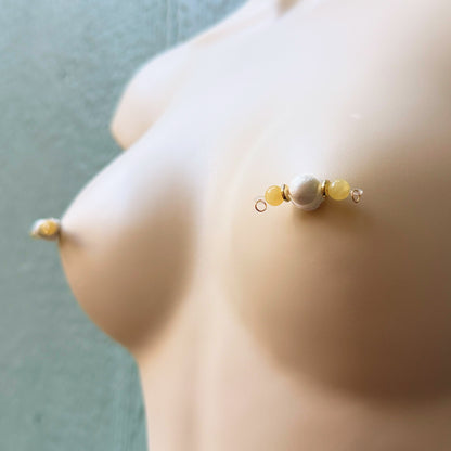 Real Gemstone Faux Nipple Piercings - Barbell Fake Nipple Rings / Non Piercing Nipple Jewelry