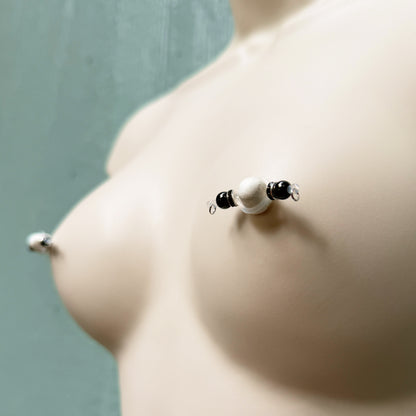 Barbell Nipple Rings with Black Beads and Roundel / Faux Nipple Piercing