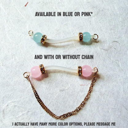 Barbell Nipple Rings with Custom Glass Beads and Twist Chain / Faux Nipple Piercing