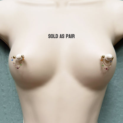 Golden Nipple Rings with Colorful Chain - Fake Nipple Piercings / Non Piercing Nipple Jewelry