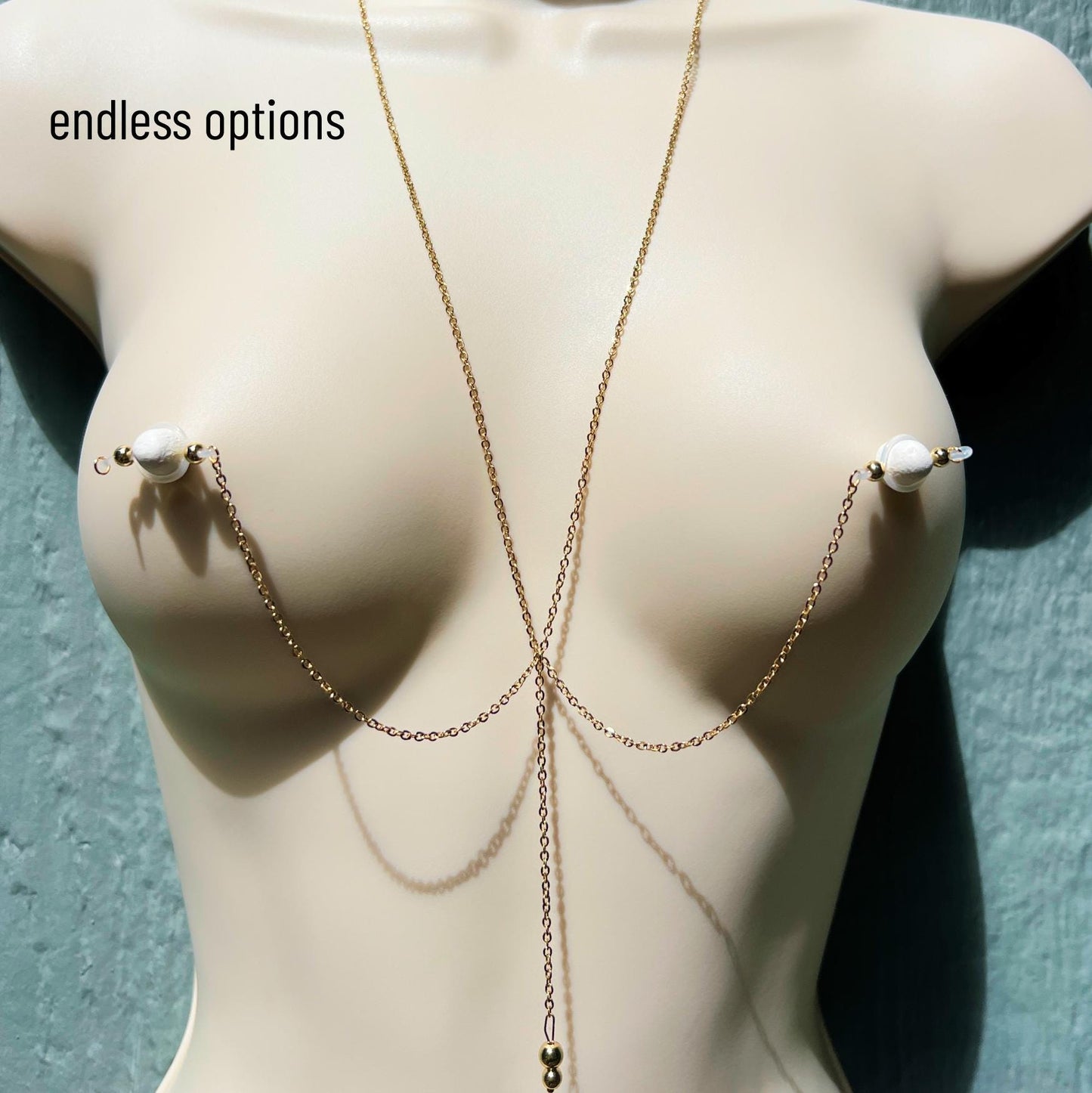 Golden Faux Nipple Piercing with Nipple Chain - Body Chain Jewelry / Bra Chain