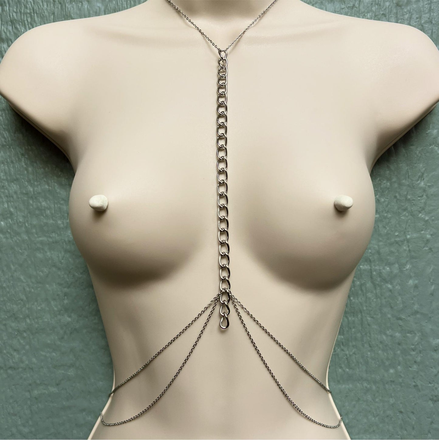 Chunky Body Chain to Faux Nipple Piercing - Choker Breast Harness / Bra Chain