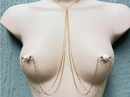 nipple jewelry with chain and barbell non piercing, cleavage jewelry, choker necklace body chain with double chain to nipple, nipple noose piercing