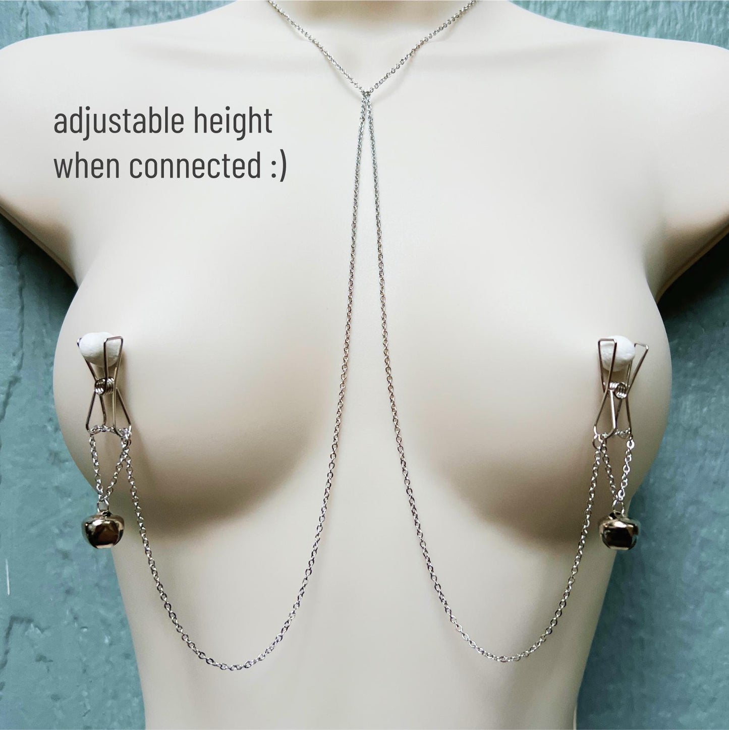 Dainty Nipple Clamps with Silver Bells  - Body Chain Jewelry / Bra Chain Harness