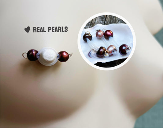 fake nipple piercing with purple pearls, real pearls barbell style nipple jewelry