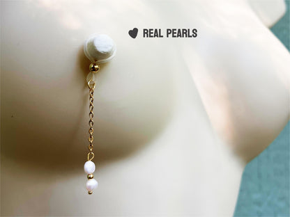 nipple noose jewelry with white pearl chain, real pearl nipple non piercing, wedding nipple jewelry