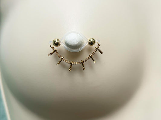 boho nipple jewelry with dainty gold chain, barbell style fake nipple piercing with boho gold chain