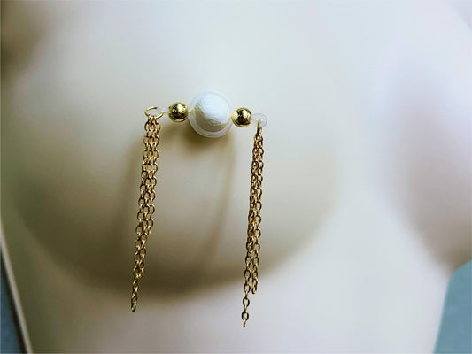 nipple non piercing with side chains, nipple noose piercing, gold nipple jewelry with barbell and chains