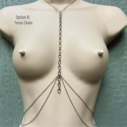 Chunky Body Chain to Faux Nipple Piercing - Choker Breast Harness / Bra Chain