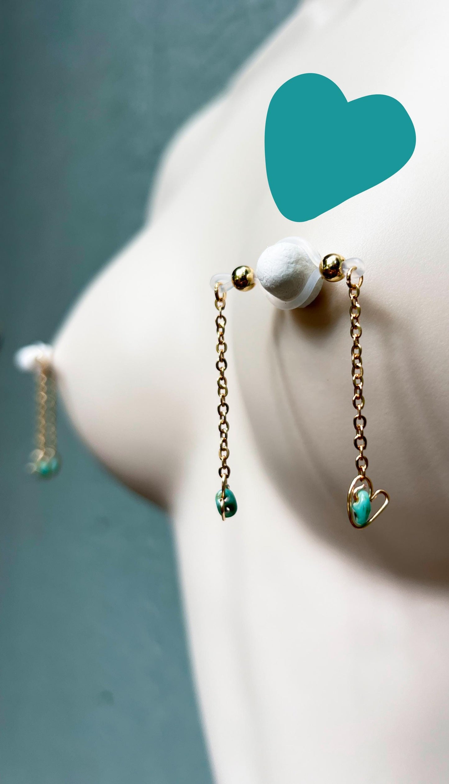 Turquoise Hearts - Barbell Nipple Chain Piercings / Non Piercing Nipple Jewelry