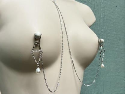 dainty nipple clamps, silver nipple clamps to body chain with white pearl pendants