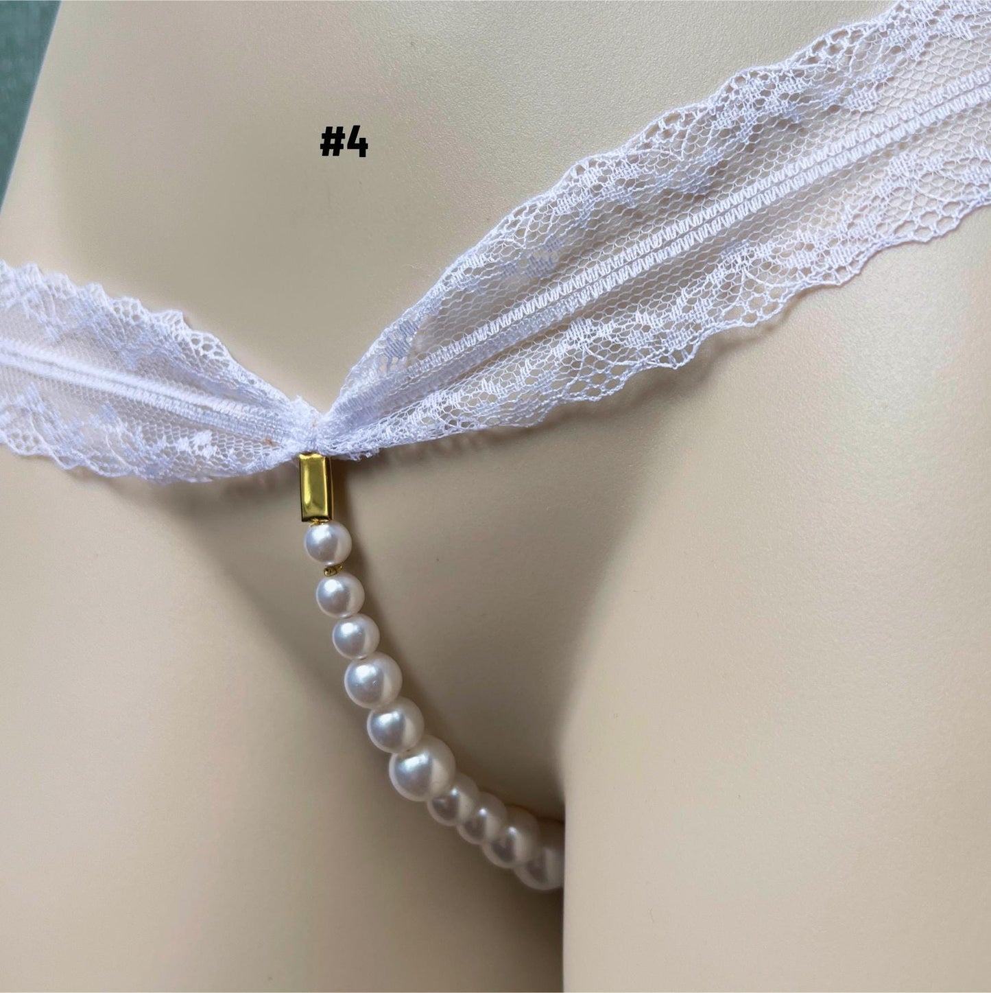 White Pearl Panties with Bow - Crotchless Panties / Pearl Thong White Wedding Lingerie
