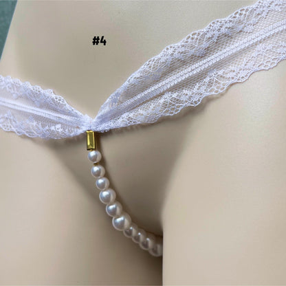 White Pearl Panties with Bow - Crotchless Panties / Pearl Thong White Wedding Lingerie
