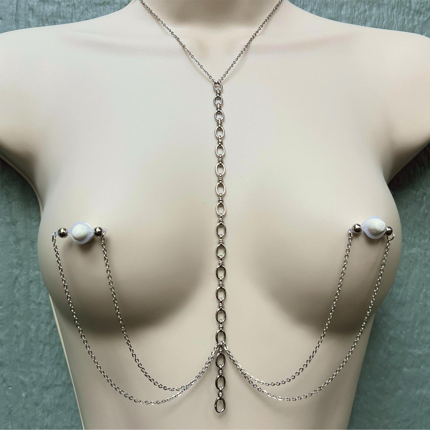 Chunky Body Chain to Faux Nipple Piercing - Choker Breast Harness / Bra Chain