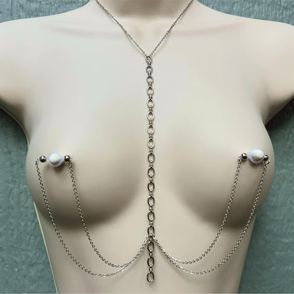 Chunky Body Chain to Faux Nipple Piercing - Choker Breast Harness / Bra Chain