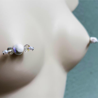 Glass Crystal & Pearls - Barbell Nipple Rings / Faux Nipple Piercing