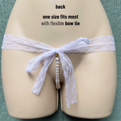 White Pearl Panties with Bow - Crotchless Panties / Pearl Thong White Wedding Lingerie