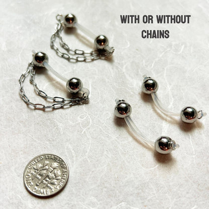 Chain & Large Silver Barbell Nipple Jewelry - Barbell Nipple Chain Piercings / Non Piercing Nipple Jewelry
