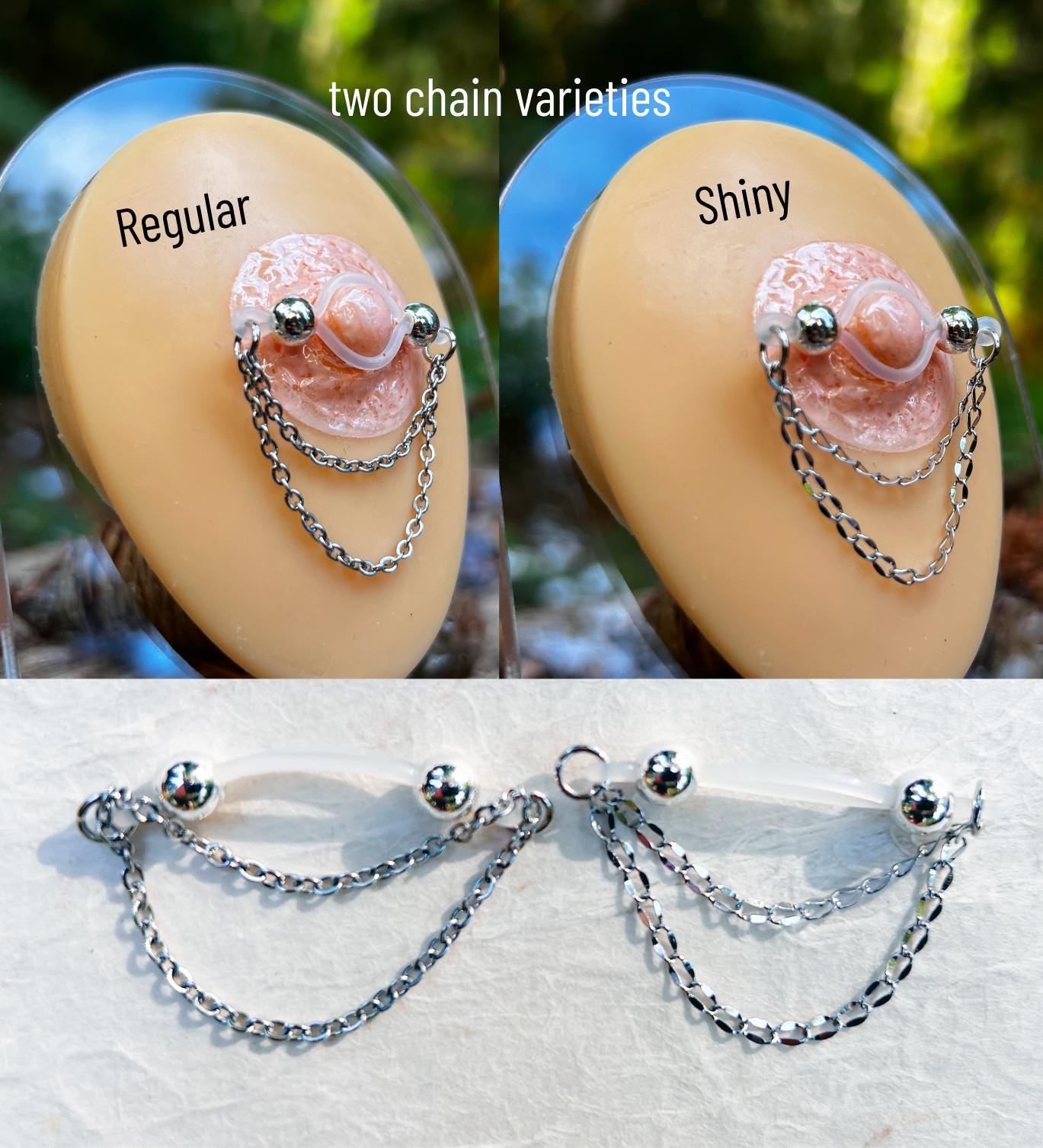 Silver Barbell Nipple Chain Piercing - Fake Nipple Piercing / Clip On Nipple Rings