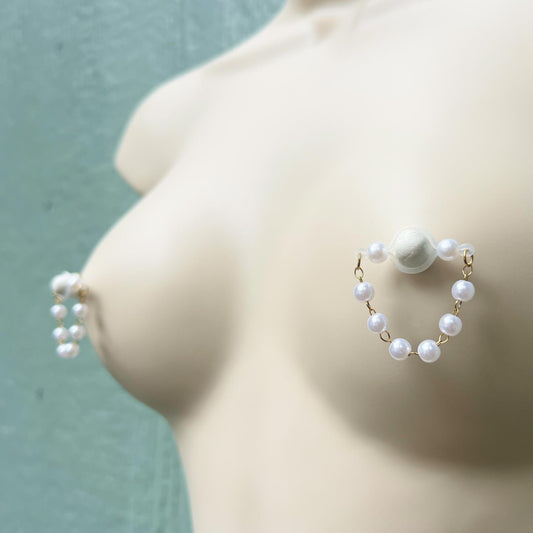 pearl nipple jewelry, fake nipple piercing with pearl barbells and pearl chain