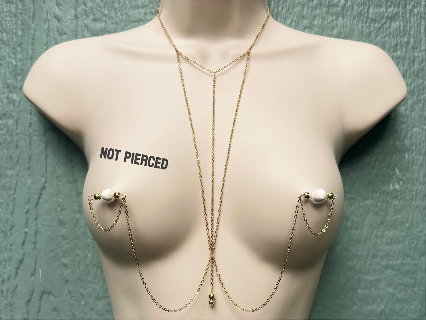 body chain with choker necklace and geometric triangle chains, body chain to nipple piercing
