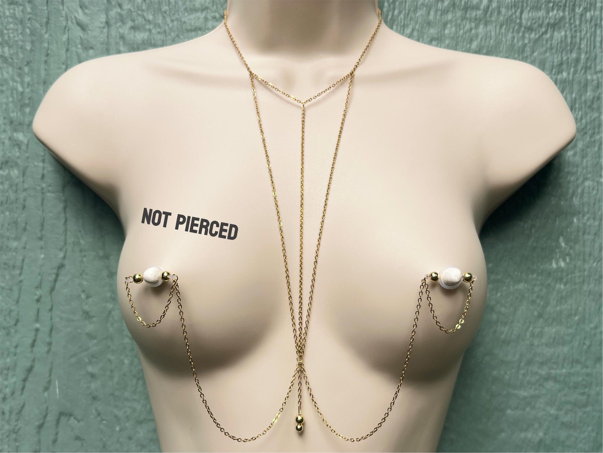 body chain with choker necklace and geometric triangle chains, body chain to nipple piercing