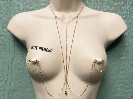 body chain with choker necklace and geometric triangle chains, body chain to nipple piercing