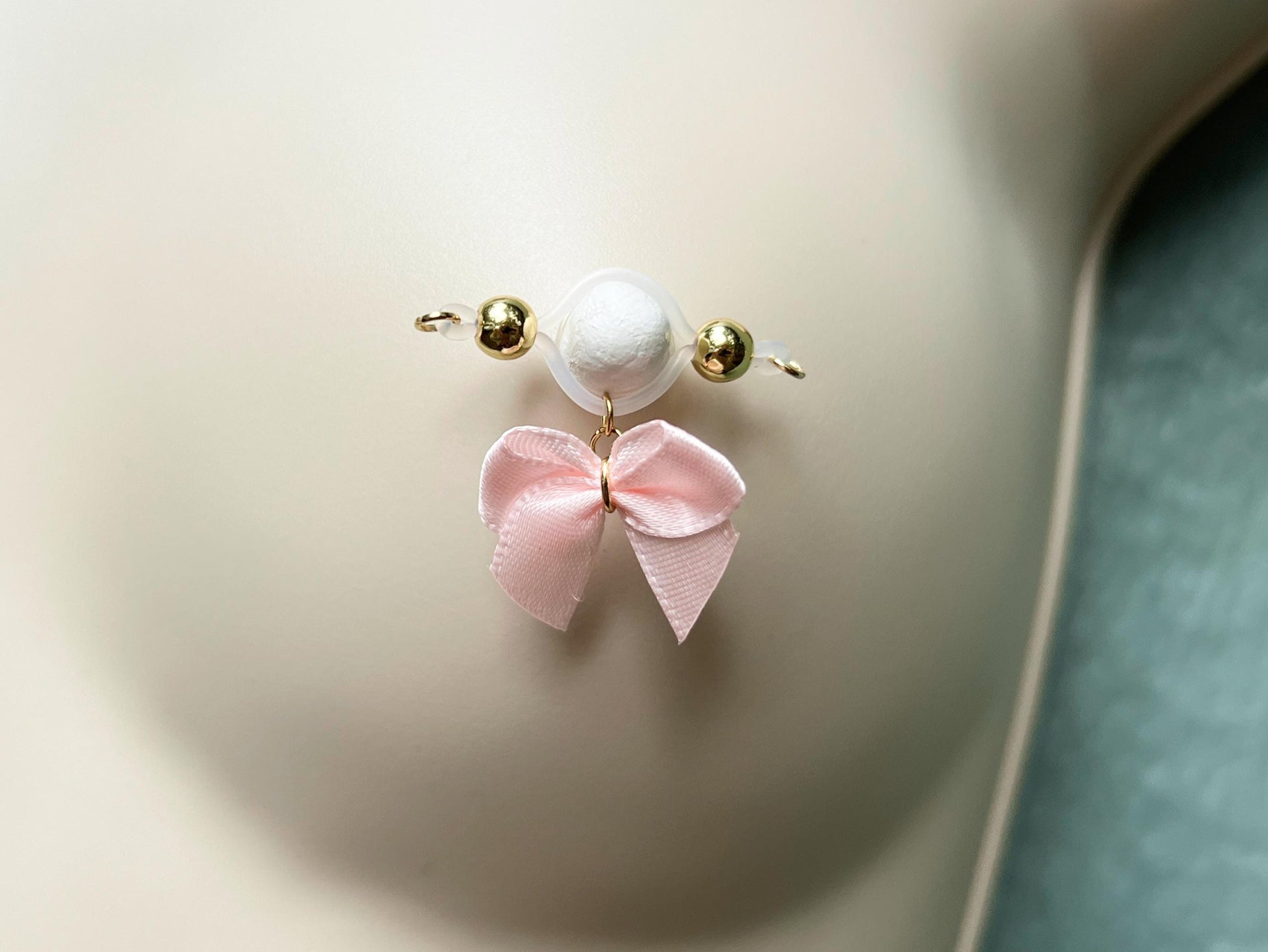 gold barbell nipple piercing with pink bow, non piercing nipple jewelry with fabric bow charm