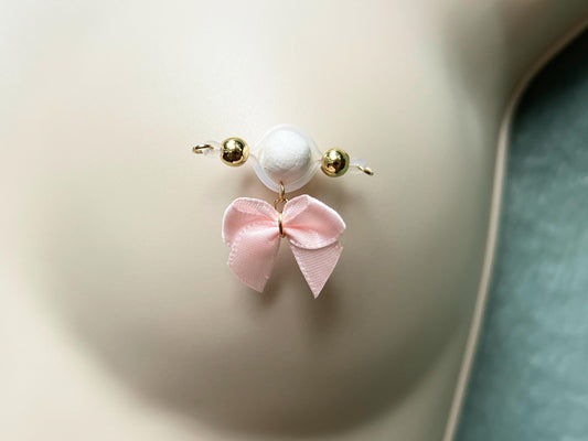 gold barbell nipple piercing with pink bow, non piercing nipple jewelry with fabric bow charm