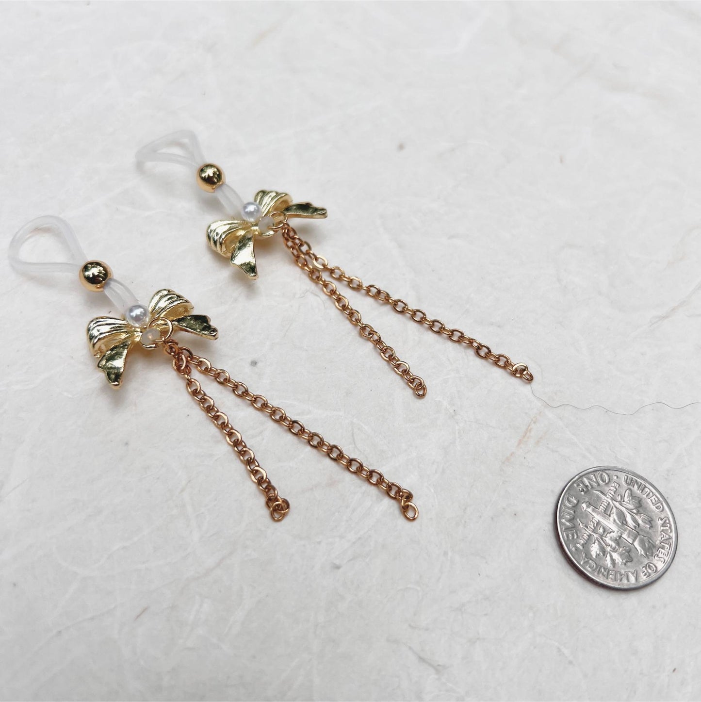 Gold Bow & Chain Dangle - Faux Nipple Piercing / Non Piercing Nipple Jewelry