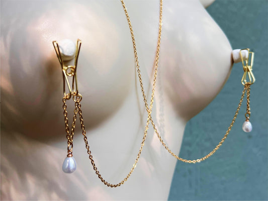 gold nipple clamps with pearl and body chain, body chain with dainty nipple clamps and pearl pendants
