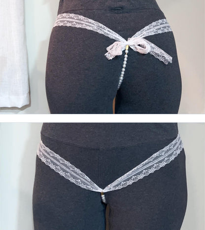White Pearl Panties with Bow - Crotchless Panties / Pearl Thong White Wedding Lingerie