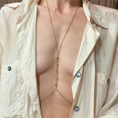 Beaded Center Gold Body Chain Jewelry - Waterproof Bra Chain / Breast Harness