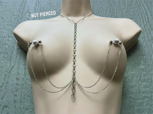 Silver Choker Body Chain with Chunky Chain connected to Nipple Chain Piercing, Barbell Nipple Non Piercing with Nipple Chain