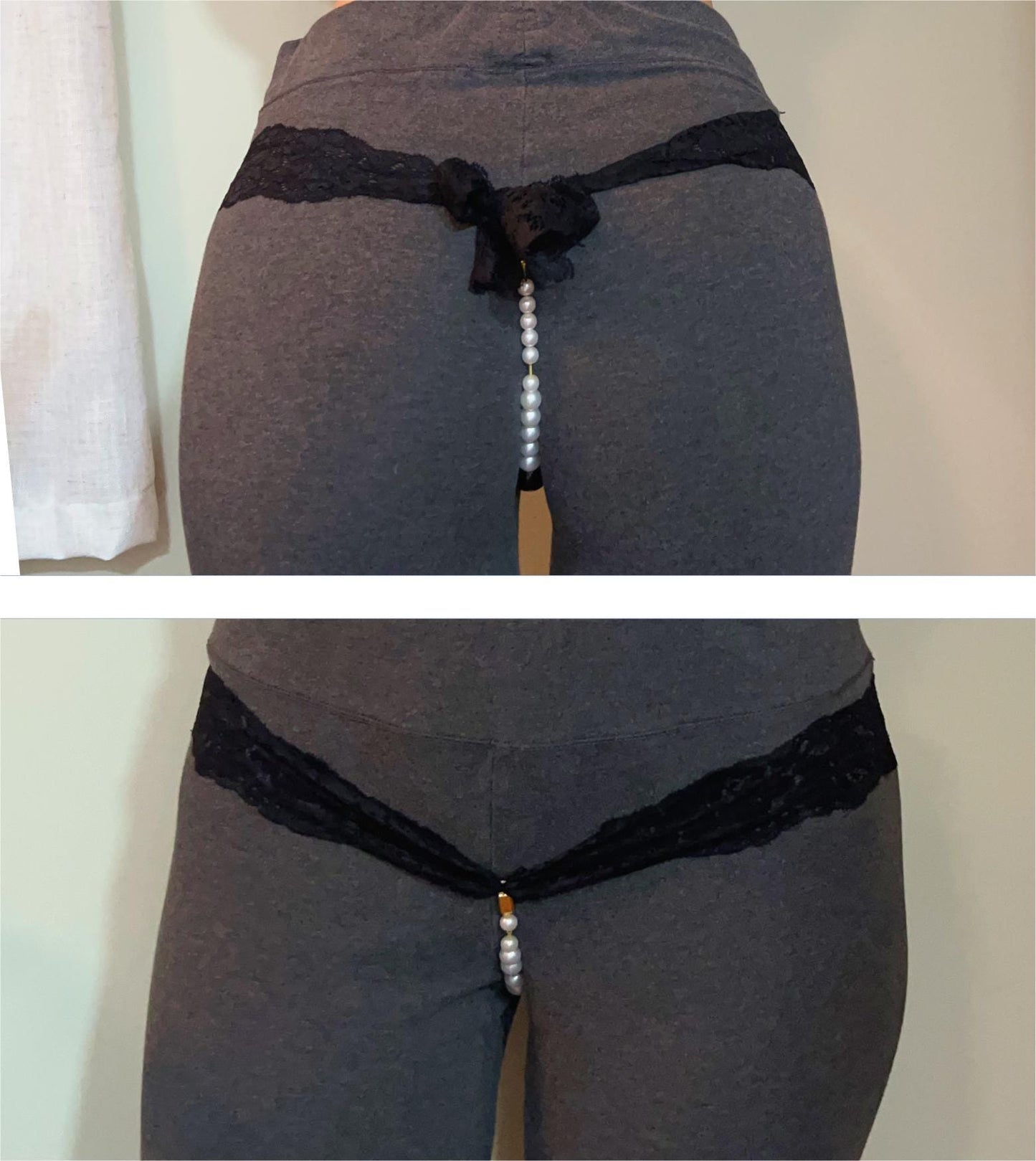 Black Lace Pearl Panties with Bow - Crotchless Panties / Pearl Thong Lingerie