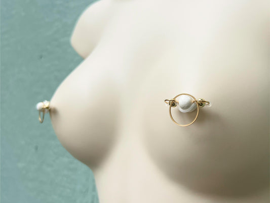 golden nipple rings, barbell nipple jewelry with circle o ring, nipple rings for unpierced nipples, non piercing nipple rings, nipple shield