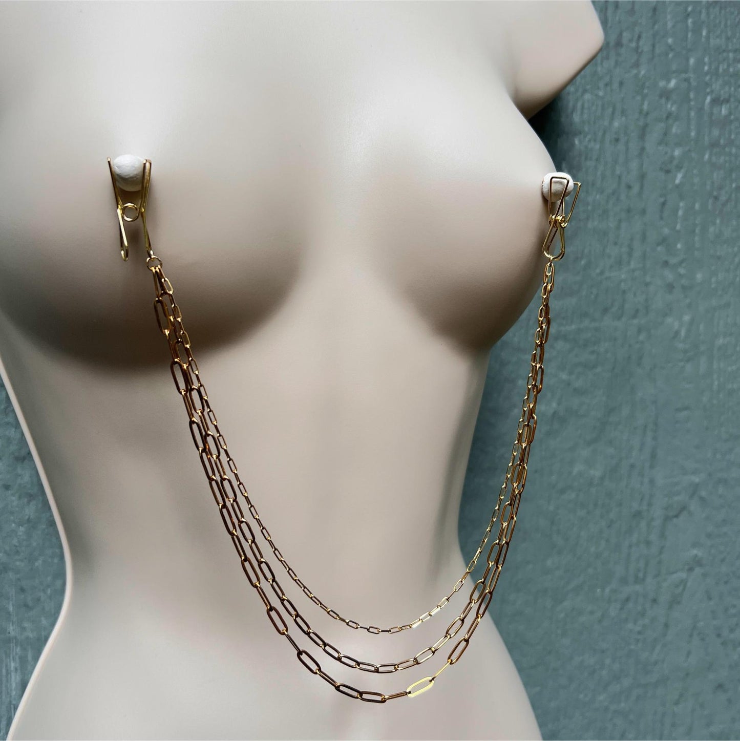 Nipple Clamps with Chains - Triple Nipple Chain Connector / Body Chain to Nipple Jewelry
