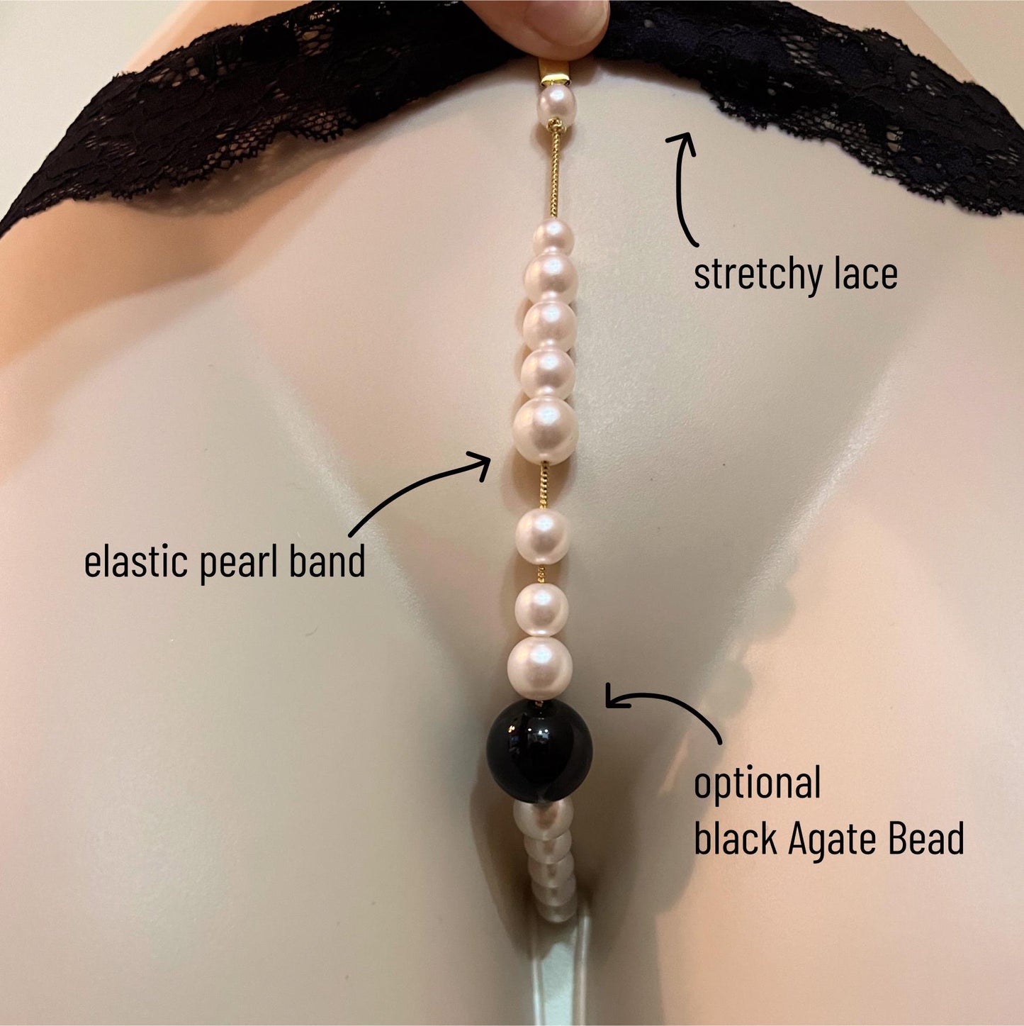 Black Lace Pearl Panties with Bow - Crotchless Panties / Pearl Thong Lingerie