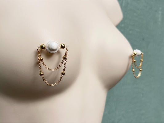 gold barbell nipple non piercing with gold chain, beaded gold chain nipple jewelry