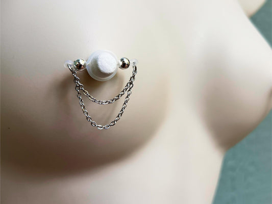 fake nipple piercing with chains, silver barbell nipple jewelry with double chain