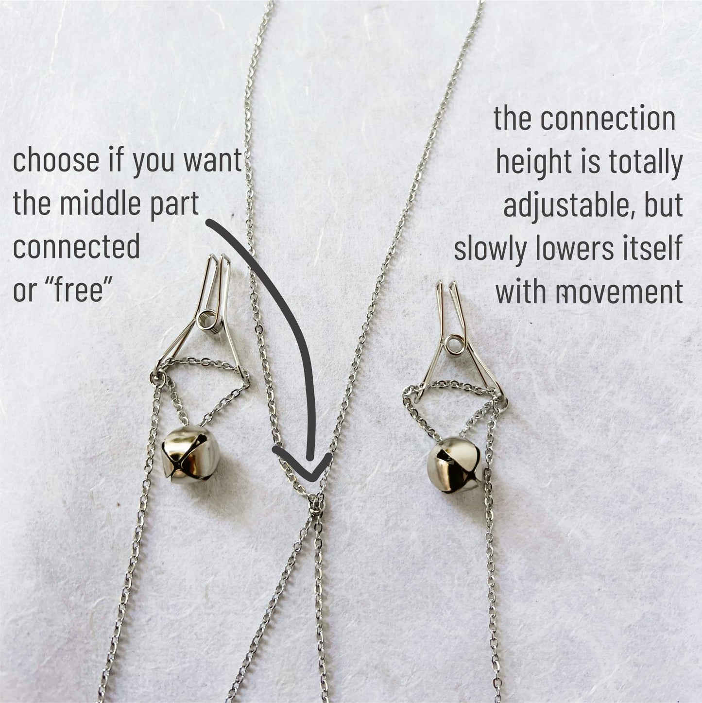Dainty Nipple Clamps with Silver Bells  - Body Chain Jewelry / Bra Chain Harness