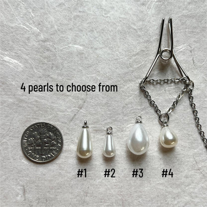 Silver Nipple Clamps with Chain & Pearls - Body Chain Jewelry / Bra Chain / Breast Harness